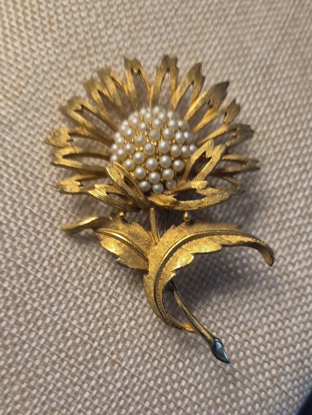 Charel Sunflower Brooch Goldtone Faux Pearls Rare